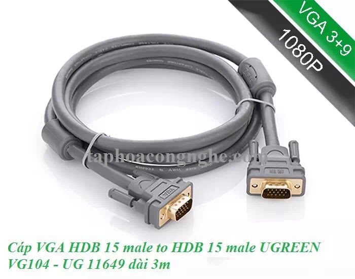 Ugreen 11649 3M màu Xám Cáp tín hiệu VGA 3 + 9 hỗ trợ phân giải 1080P VG104 30011649